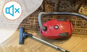 Czerwony odkurzacz Electrolux na dywanie. Ikona wyciszenia sugeruje cichy ranking odkurzaczy workowych.