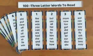 Tarjetas con palabras con 3 letras para aprender a leer. Se ven listas de palabras como "the", "but", "mom", "eat", "old", "put", "see", "yes", "now", "ran".