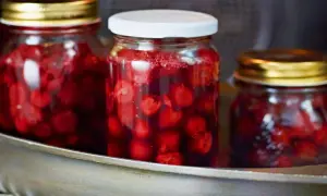 Drei Gläser mit eingelegten Kirschen stehen in einem Metallbehälter. Die roten Früchte schimmern im Saft.
