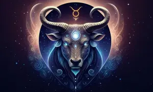Mistyczny Byk, znak zodiaku od 20 kwietnia do 20 maja, otoczony kosmiczną poświatą i gwiazdami.