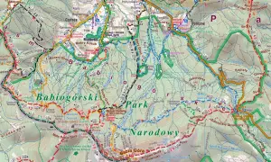 Beskid Żywiecki szlaki turystyczne: mapa szlaków Babiej Góry z zaznaczonymi punktami, schroniskami i trasami.