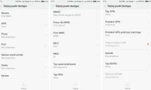 Ekran ustawień APN telefonu z widocznymi polami: Nazwa, APN, MMSC, Proxy, Port, MCC, MNC, Typ APN.