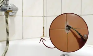 Jak usunąć silikon z prysznica? Pokazano czyszczenie fug szczoteczką.