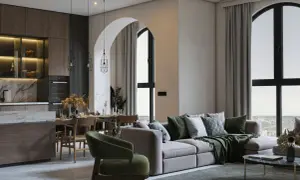 Soggiorno e cucina open space con tavolo da pranzo e divano, in un elegante stile essenziale.
