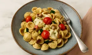 Orecchiette-Nudeln mit Kirschtomaten, Zucchini und geschmolzenem Käse. Ein köstliches Gericht, das zu den besten Orecchiette Rezepten zählt.