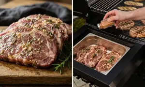 Karkówka marynowana z czosnkiem i rozmarynem, gotowa do grillowania. Dowiedz się, jak długo piec karkówkę na grillu, by była soczysta.