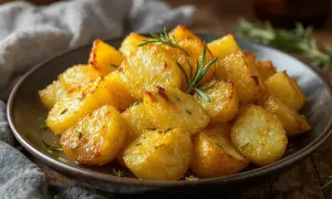 Assiette de pommes de terre rôties dorées, garnies de romarin frais. Une délicieuse recette pomme de terre pour un repas réconfortant.