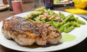 Un jugoso filete de carne magra, perfectamente cocinado, acompañado de judías verdes salteadas con tocino.