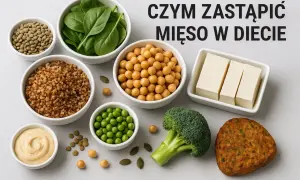 Roślinne alternatywy dla czerwonego mięsa: ciecierzyca, soczewica, groszek, tofu, komosa ryżowa, szpinak, brokuł i kotlet roślinny.