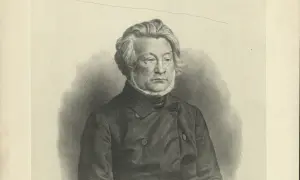 Portret mężczyzny w stroju z epoki, z bujnymi włosami i bokobrodami, w ciemnej marynarce.