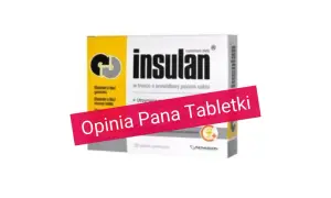 Opakowanie suplementu diety Insulan, wspierającego prawidłowy poziom cukru. Na pierwszym planie różowa wstęga z napisem "Opinia Pana Tabletki".