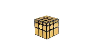 Złoty mirror cube, błyszczący jak lustro, z czarnymi ramkami i okrągłymi elementami.