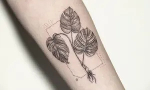 Monstera tatuaż znaczenie: trzy liście monstery z korzeniami, otoczone kropkowaną ramką. Symbolizuje wzrost, siłę i piękno natury.