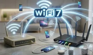 Des routeurs modernes diffusent le **wifi 7** vers des smartphones et un ordinateur portable, symbolisant une connectivité avancée et rapide.