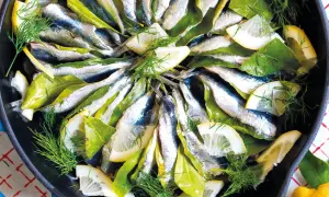 Sardine in padella con limone, alloro e finocchietto fresco, pronte per essere gustate.