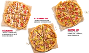 Trzy pizze o różnym rozmiarze i składnikach: Kebab, Barbarzyńca i Hiszpański Łotr.