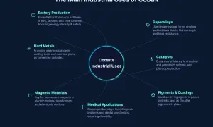 Diagram przedstawia główne zastosowania kobaltu: produkcja baterii, twarde metale, materiały magnetyczne, zastosowania medyczne, superstopy, katalizatory, pigmenty i powłoki.