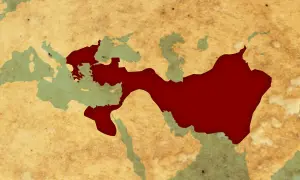 Karta som visar Alexander den stores rike i rött, sträckande sig från Grekland till Indien.