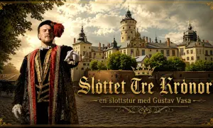 Gustav Vasa pekar mot slottet Tre Kronor, där han bodde. En kunglig gestalt i historisk dräkt framför ett ståtligt slott.