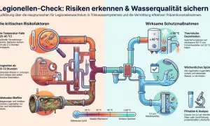 Illustration zeigt, wie Legionellen wachsen und wie ein Durchlauferhitzer hilft, sie zu bekämpfen.