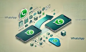 Jak przenieść WhatsApp na nowy telefon? Grafika pokazuje dwa smartfony i chmurę, symbolizujące transfer danych.