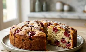 Un délicieux gâteau aux cerises, saupoudré de sucre glace, est présenté sur une assiette. Une part a été retirée, révélant la texture moelleuse et les fruits rouges.