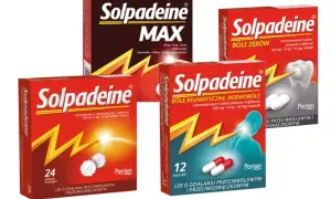 Opakowania leku Solpadeine z paracetamolem i kodeiną na ból zębów, reumatyzm i gorączkę.