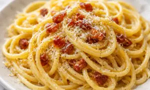 Un plat de linguine alla carbonara crémeux, garni de lardons croustillants et de parmesan râpé. Un délice italien.
