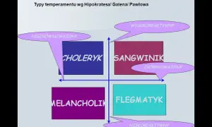 Diagram przedstawiający typy osobowości: choleryk, sangwinik, melancholik, flegmatyk, z podziałem na reaktywność i równowagę.