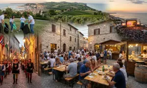 Un collage di immagini che mostrano la bellezza delle Marche: volontari puliscono un parco, un corteo storico, una cena all'aperto e un grande concerto sulla spiaggia.