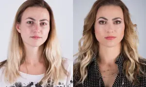 Przed i po: metamorfoza z naturalnego wyglądu do efektownego makijażu do sesji zdjęciowej.