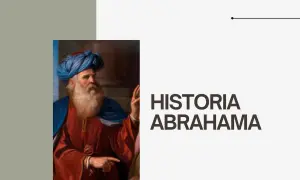 Obraz przedstawia Abrahama w niebieskim turbanie i czerwonej szacie. Tekst "HISTORIA ABRAHAMA" sugeruje streszczenie jego życia.