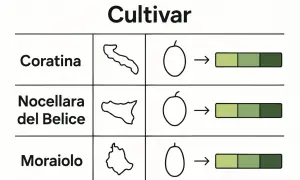 Tabella per come riconoscere le varietà di olivo: Coratina, Nocellara del Belice, Moraiolo, con indicazioni su forma e maturazione.