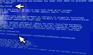 Blauer Bildschirm mit Fehlermeldung "BAD_POOL_CALLER". Ein Pfeil zeigt auf den Fehlercode.