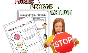 Niña muestra un semáforo de las emociones para imprimir, con las palabras "Parar, Pensar, Actuar" y un letrero de STOP.