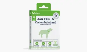 Verpackung eines felmo Anti-Floh- & Zeckenhalsbands für mittelgroße Hunde. Das giftige Flohhalsband schützt bis zu 3 Monate.