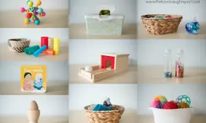 Montessori for 8 month old: colorful grasping toy, hair curlers, object permanence box, sensory bottles, and textured balls.