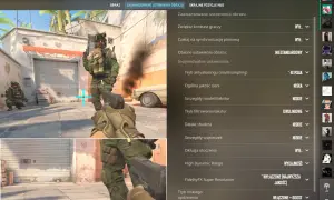 Widok z gry CS:GO z menu ustawień graficznych, gdzie widać żołnierzy i opcje takie jak antyaliasing i jakość cieni.