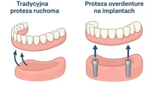 Porównanie protezy ruchomej i protezy na implantach. Prawidłowa higiena jamy ustnej po wszczepieniu implantu jest kluczowa.