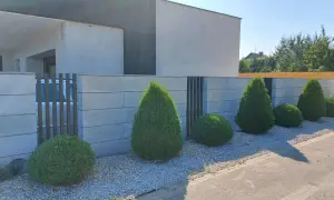 Nowoczesne ogrodzenie murowane tynkowane z betonowych bloczków, otaczające posesję z zadbanym ogrodem i geometrycznymi krzewami.