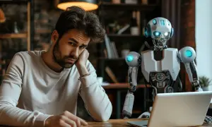 Znużony mężczyzna siedzi przy biurku, obok niego robot. Zastanawia się, jak wyłączyć AI z Google, bo ma już dość.