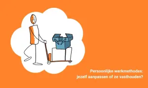 Een man duwt een steekwagen met dozen, wat de betekenis van conformeren kan illustreren: aanpassen of vasthouden aan je eigen werkwijze.