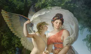 Dans la mythologie, Aphrodite, déesse de l'amour, est représentée ici avec Cupidon.