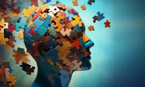 Głowa złożona z kolorowych puzzli, niektóre odpadają, tworząc mętlik w głowie.