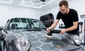 Mężczyzna poleruje maskę klasycznego Porsche, pokazując, jak zacząć auto detailing.