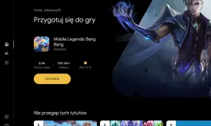 Grafika przedstawia ekran aplikacji Google Play Games z grą Mobile Legends: Bang Bang i postacią z gry.
