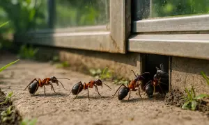 Mrówki w ogrodzie szukają schronienia. Zbliżenie na kilka mrówek przy wejściu do nory pod oknem.