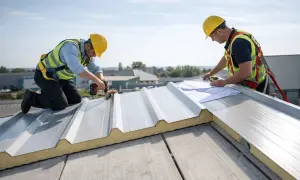 Dos obreros con cascos amarillos instalan un panel sándwich en un tejado. Uno atornilla con taladro, el otro revisa planos.