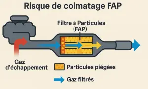 Schéma montrant le risque de colmatage d'un FAP. Les gaz d'échappement entrent, les particules sont piégées, et les gaz filtrés sortent.
