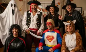Grupa osób w kreatywnych strojach na Halloween: duch, pirat, superbohater, czarownice i zwierzątko.